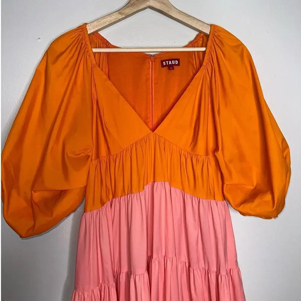 Staud Meadow Color Block Maxi Dress Puff Sleeves Pink Orange Size XS V-Neck
